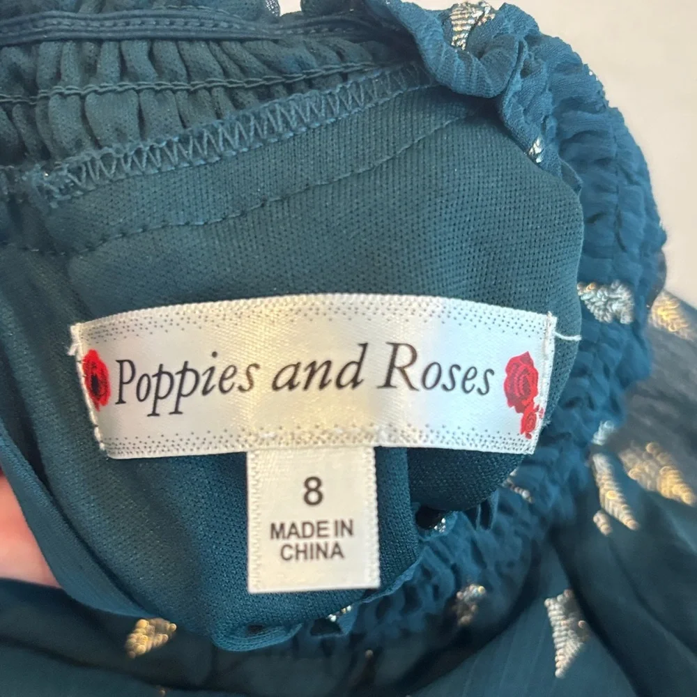 NWOT, Elegant Kids Dress in Teal with Gold Patterns